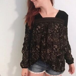 SUNDANCE S blouse Paisley velvet Burnout Flocked sheer crochet detail whimsygoth